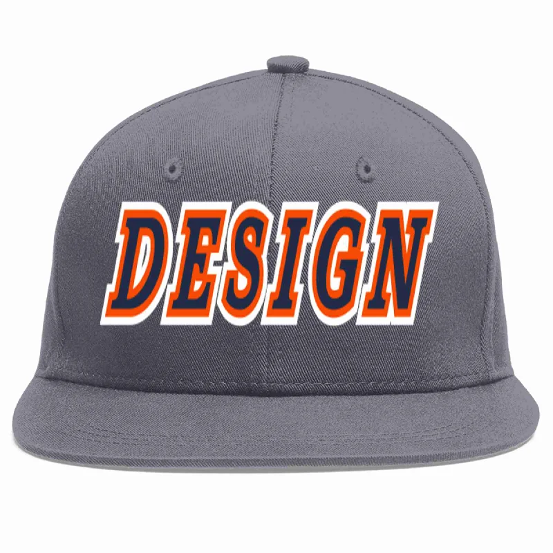 Baseball Cap For Birthday Celebrations-Custom Dark Gray Navy-Orange Flat Eaves Sport Baseball Cap Design for Men/Women/Youth