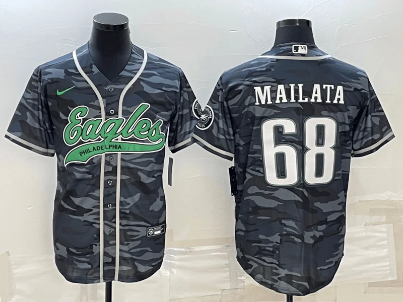 Custom Printed Baseball Jersey-Men's Philadelphia Eagles #68 Jordan Mailata Gray Camo With Patch Cool Base Stitched Baseball Jersey