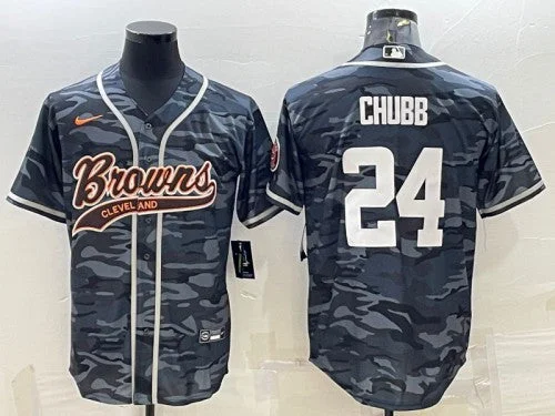 Baseball Jersey For Official Team Wear-Men's Cleveland Browns #24 Nick Chubb Gray Camo With Patch Cool Base Stitched Baseball Jersey