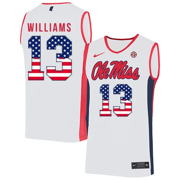 High Quality Football Jersey-High Quality Basketball Jersey-Ole Miss Rebels 13 Bryce Williams White USA Flag Basketball College Basketball Jersey