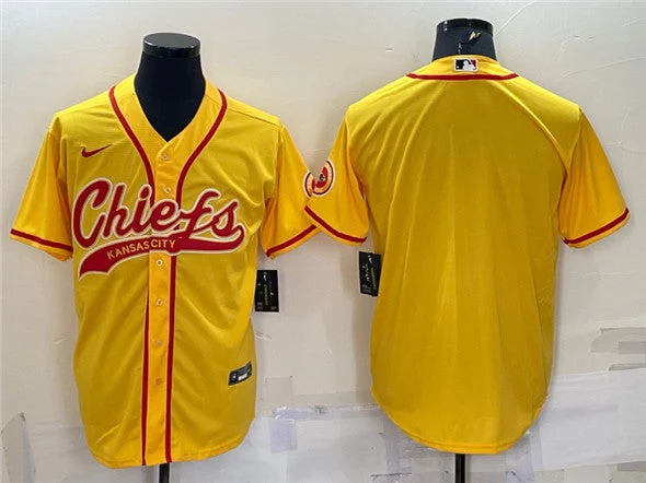 Baseball Jersey For Fundraising Projects-Men's Kansas City Chiefs Blank Gold With Patch Cool Base Stitched Baseball Jersey