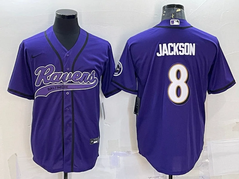 Baseball Jersey For Major League Apparel-Men's Baltimore Ravens #8 Lamar Jackson Purple With Patch Cool Base Stitched Baseball Jersey