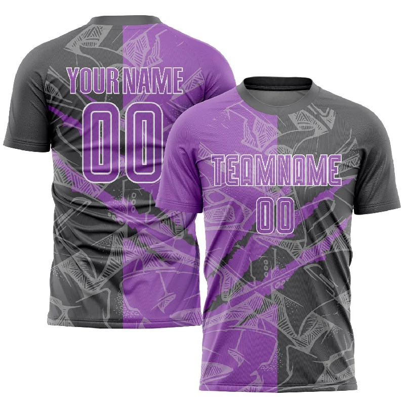 Football Jersey With Personalized Text-Custom Graffiti Pattern Medium Purple-Steel Gray Scratch Sublimation Soccer Uniform Jersey