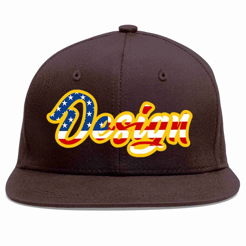 Baseball Cap For Fashion Forward Look-Custom Brown Vintage USA Flag-Gold Flat Eaves Sport Baseball Cap Design for Men/Women/Youth