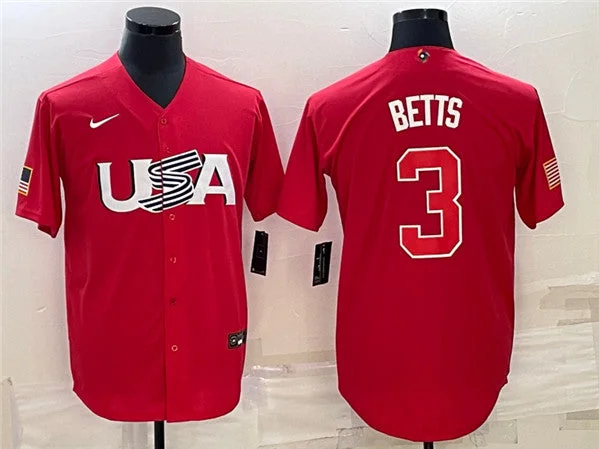 Baseball Jersey For Championship Gifts-Men's USA Baseball #3 Mookie Betts 2023 Red World Baseball Classic Stitched Jersey