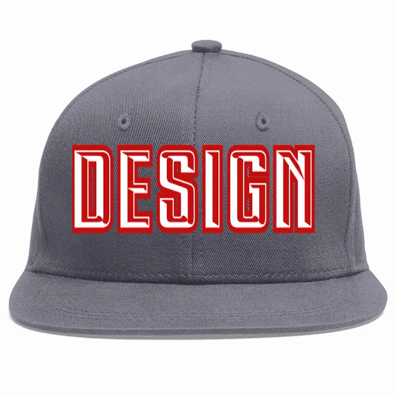 Baseball Cap For Baseball Games-Custom Dark Gray White-Red Flat Eaves Sport Baseball Cap Design for Men/Women/Youth