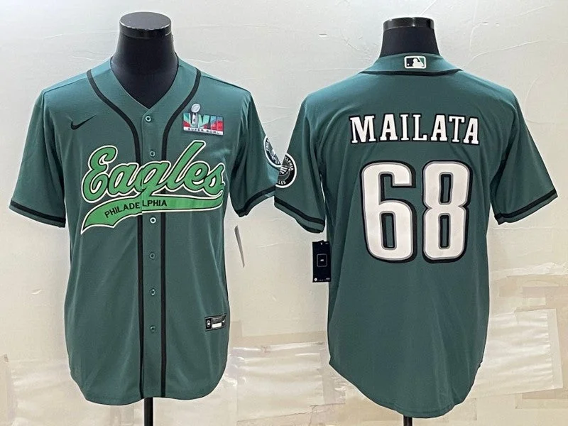 Baseball Jersey For Men-Men's Philadelphia Eagles #68 Jordan Mailata Green With Super Bowl LVII Patch Cool Base Stitched Baseball Jersey