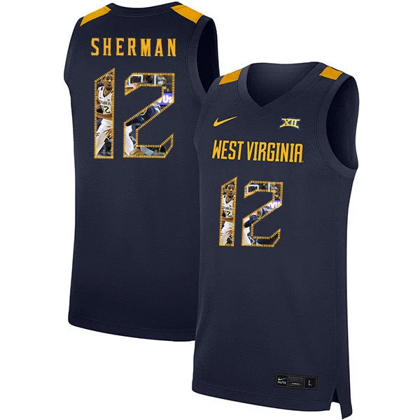 Football Jersey With Vintage Look-Basketball Jersey With Vintage Look-West Virginia Mountaineers 12 Taz Sherman Navy Fashion Basketball College Basketball Jersey