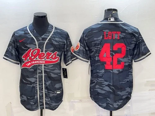 Baseball Jersey For Tournament Prizes-Men's San Francisco 49ers #42 Ronnie Lott Grey Red Camo With Patch Cool Base Stitched Baseball Jersey