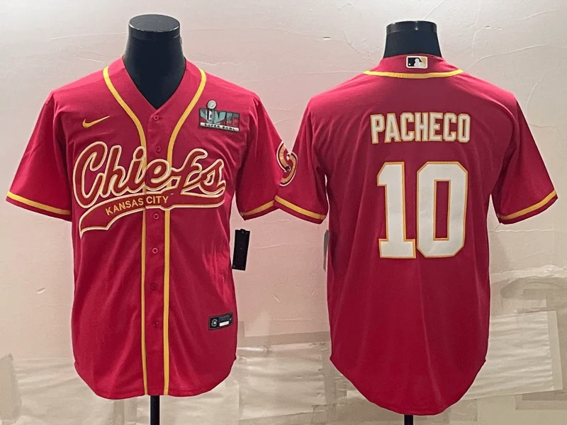 Baseball Jersey With Team Logo-Men's Kansas City Chiefs #10 Isiah Pacheco Red With Super Bowl LVII Patch Cool Base Stitched Baseball Jersey