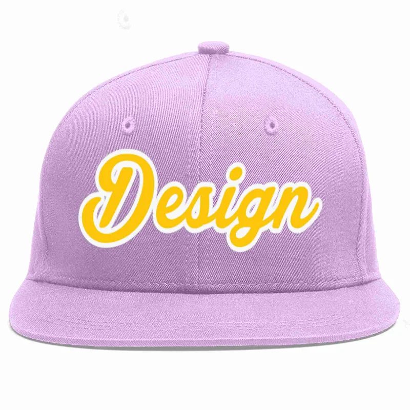 Baseball Cap For Team Merchandise-Custom Light Purple Gold-White Flat Eaves Sport Baseball Cap Design for Men/Women/Youth