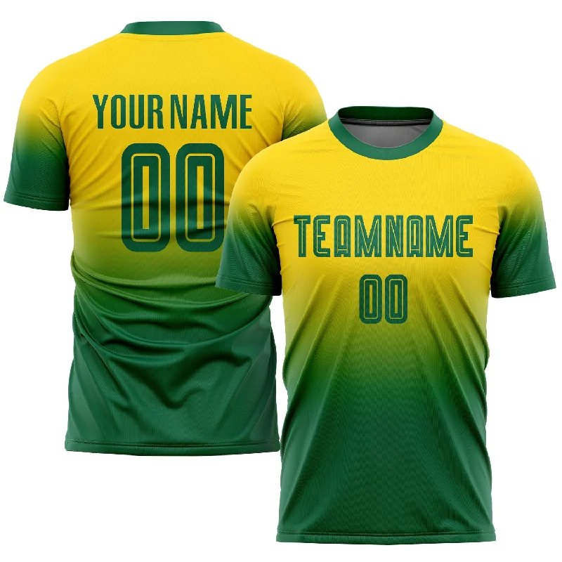 Football Jersey For Custom Player Orders-Custom Gold Kelly Green Sublimation Fade Fashion Soccer Uniform Jersey