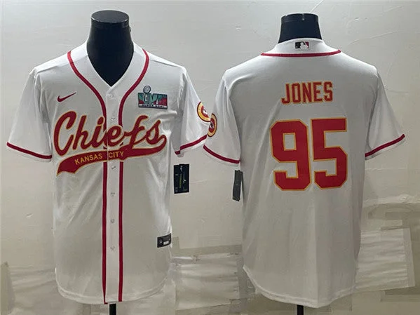 Baseball Jersey For Fans-Men's Kansas City Chiefs #95 Chris Jones White With Super Bowl LVII Patch Cool Base Stitched Baseball Jersey