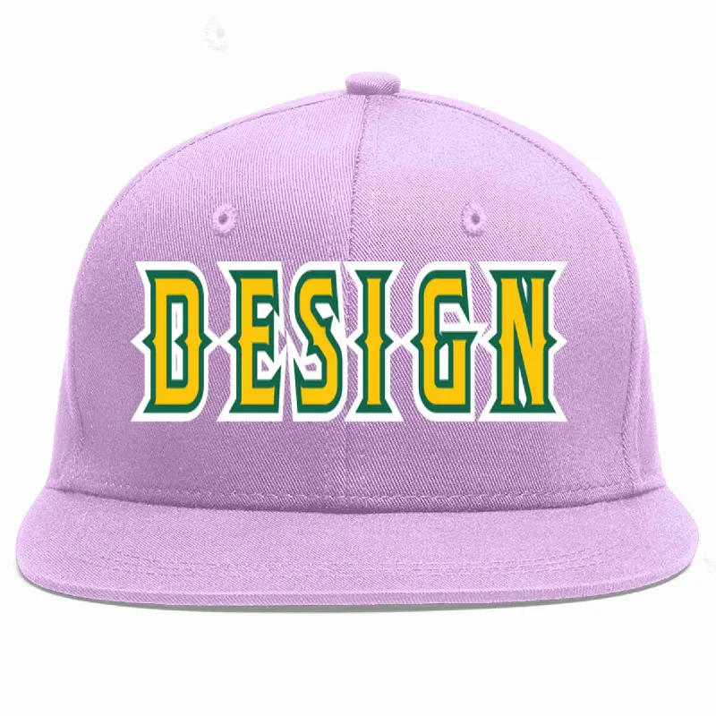 Baseball Cap For Team Celebrations-Custom Light Purple Gold-Kelly Green Flat Eaves Sport Baseball Cap Design for Men/Women/Youth