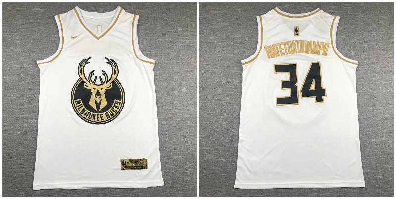 Football Jersey For Fan Gifts-Basketball Jersey For Fan Gifts-Bucks 34 Giannis Antetokounmpo White Gold Swingman Basketball Jersey