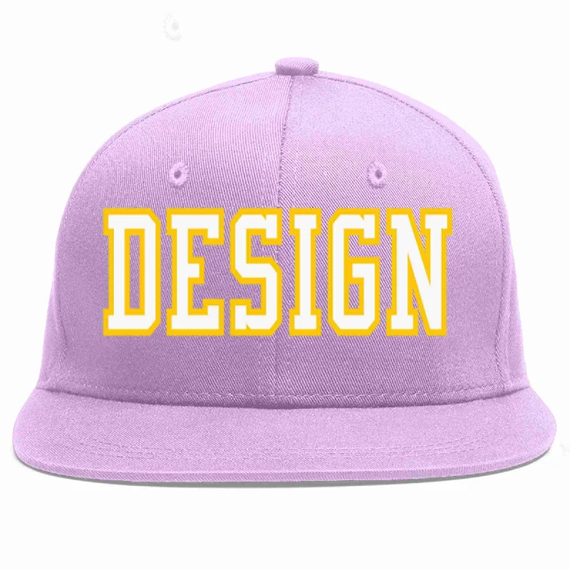 Baseball Cap For Running Outdoors-Custom Light Purple White-Gold Flat Eaves Sport Baseball Cap Design for Men/Women/Youth