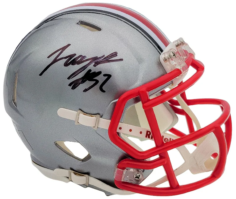 Rugby Helmet For All Contact Sports-TreVeyon Henderson Autographed Ohio State Buckeyes Flash Silver Speed Mini Helmet Beckett BAS QR Stock #202074