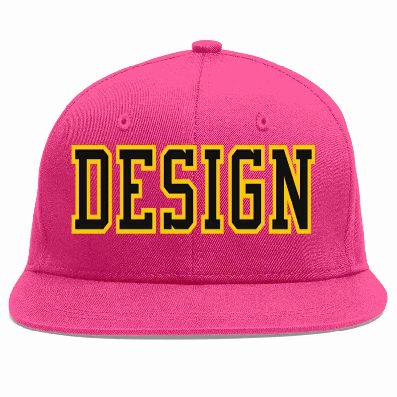 Baseball Cap For Custom Sports Apparel-Custom Rose Red Black-Gold Flat Eaves Sport Baseball Cap Design for Men/Women/Youth