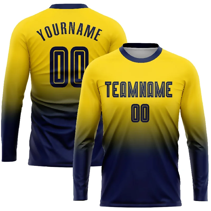 Football Jersey For Coaches-Custom Gold Navy Sublimation Long Sleeve Fade Fashion Soccer Uniform Jersey