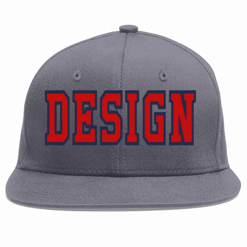 Baseball Cap For Team Celebrations-Custom Dark Gray Red-Navy Flat Eaves Sport Baseball Cap Design for Men/Women/Youth