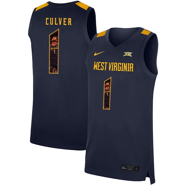 Football Jersey With Custom Fit Options-Basketball Jersey With Custom Fit Options-West Virginia Mountaineers 1 Derek Culver Navy Fashion Basketball College Basketball Jersey