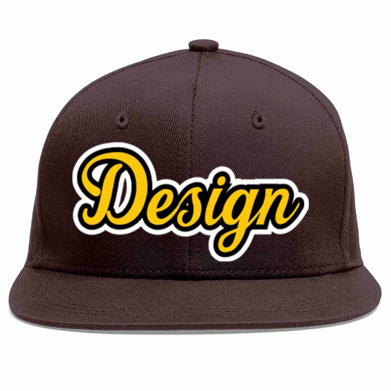 Baseball Cap For Street Style-Custom Brown Gold-Black Flat Eaves Sport Baseball Cap Design for Men/Women/Youth