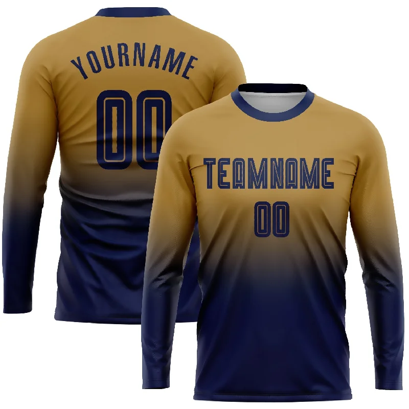 Football Jersey For Fundraising Campaigns-Custom Old Gold Navy Sublimation Long Sleeve Fade Fashion Soccer Uniform Jersey