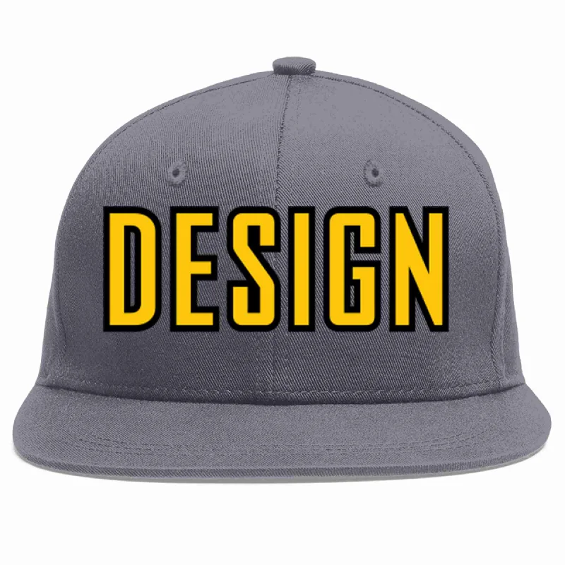 Baseball Cap For Cool Accessories-Custom Dark Gray Gold-Black Flat Eaves Sport Baseball Cap Design for Men/Women/Youth