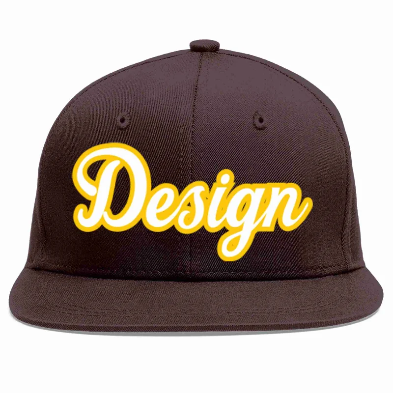 Baseball Cap For Team Events-Custom Brown White-Gold Flat Eaves Sport Baseball Cap Design for Men/Women/Youth