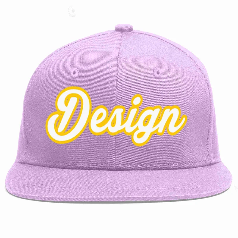 Baseball Cap With Vintage Look-Custom Light Purple White-Gold Flat Eaves Sport Baseball Cap Design for Men/Women/Youth