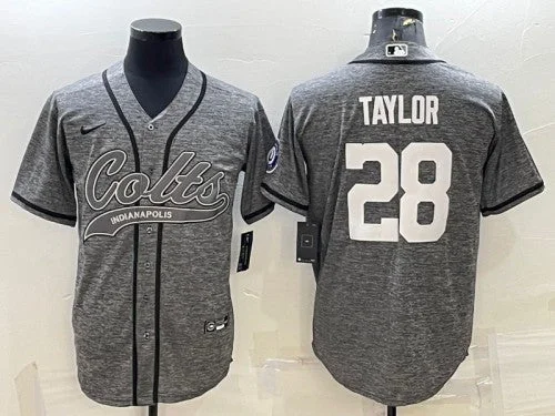 Baseball Jersey For Private Teams-Men's Indianapolis Colts #28 Jonathan Taylor Gray With Patch Cool Base Stitched Baseball Jersey