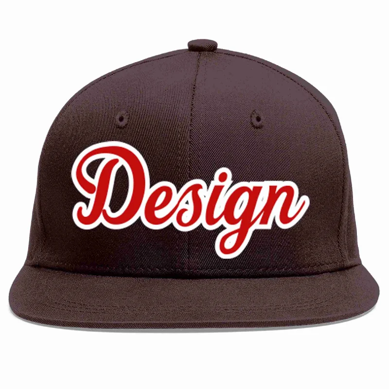 Baseball Cap For Custom Team Gear-Custom Brown Red-White Flat Eaves Sport Baseball Cap Design for Men/Women/Youth