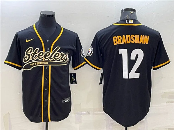 Baseball Jersey With Name On Back-Men's Pittsburgh Steelers #12 Terry Bradshaw Black With Patch Cool Base Stitched Baseball Baseball Jersey