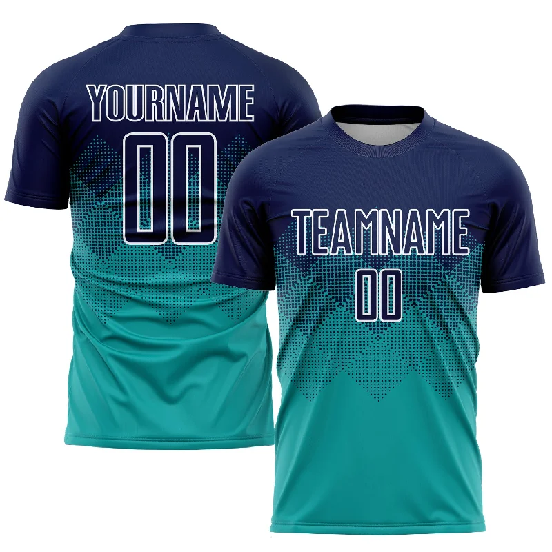 Football Jersey For Special Occasion Gifts-Custom Aqua Navy-White Sublimation Soccer Uniform Jersey