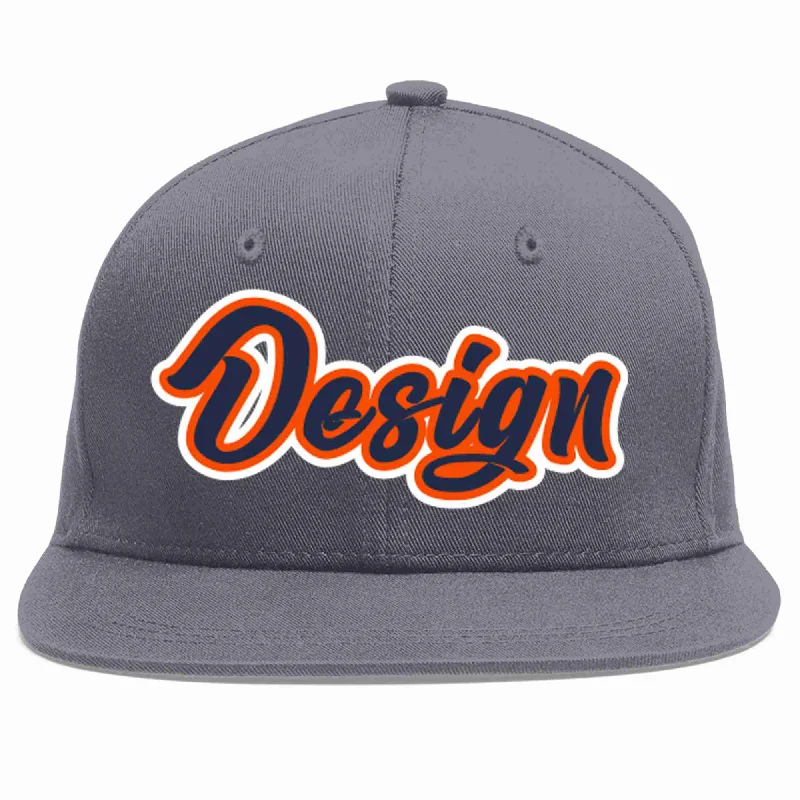 Baseball Cap For School Events-Custom Dark Gray Navy-Orange Flat Eaves Sport Baseball Cap Design for Men/Women/Youth