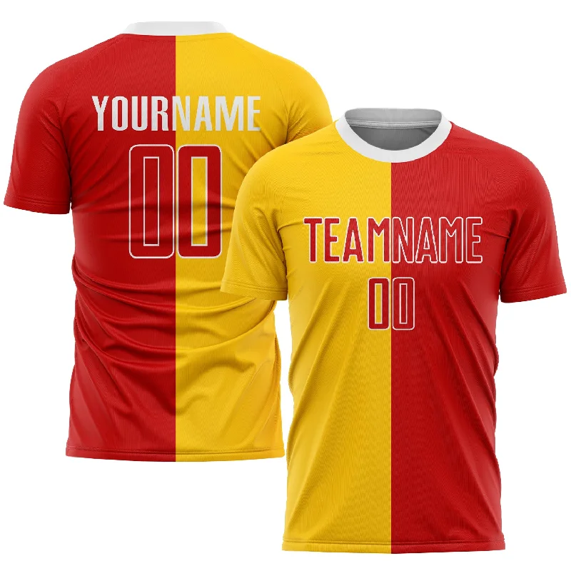 Football Jersey For Group Discounts-Custom Gold Red-White Sublimation Split Fashion Soccer Uniform Jersey