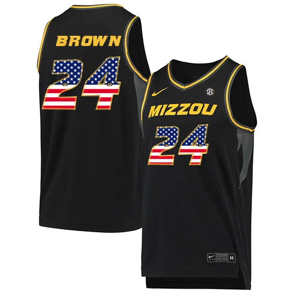 Football Jersey For Fans And Supporters-Basketball Jersey For Fans And Supporters-Missouri Tigers 24 Kobe Brown Black USA Flag College Basketball Basketball Jersey