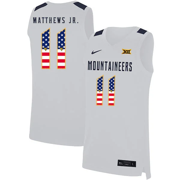 Football Jersey For Personalized Fan Gifts-Basketball Jersey For Personalized Fan Gifts-West Virginia Mountaineers 11 Emmitt Matthews Jr. White USA Flag Basketball College Basketball Jersey.jpeg