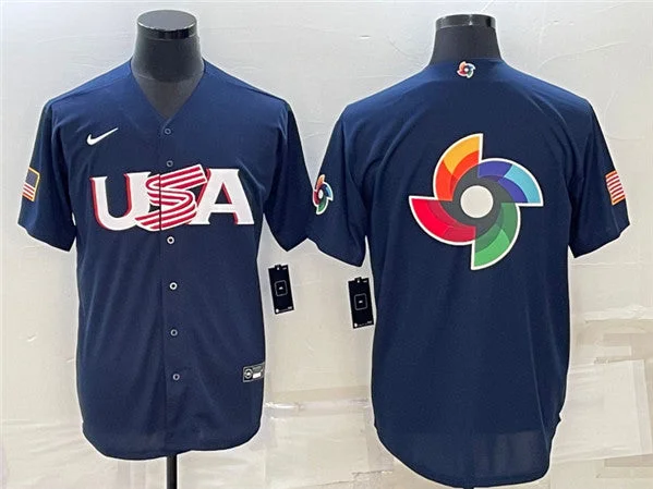 Baseball Jersey With Sporty Look-Men's USA Baseball Blank 2023 Navy World Baseball Big Logo With Patch Classic Stitched Jersey