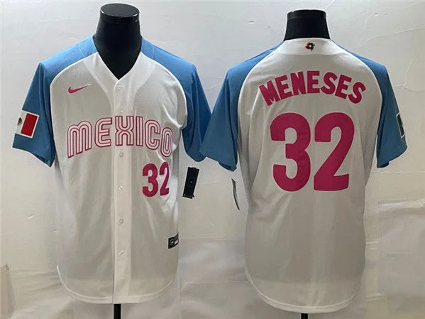 Baseball Jersey With Soft Touch Fabric-Men's Mexico Baseball #32 Joey Meneses 2023 White Blue World Baseball Classic Stitched Jersey