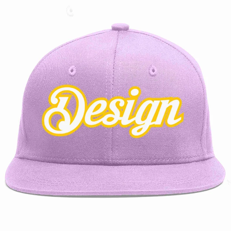 Baseball Cap For School Uniform-Custom Light Purple White-Gold Flat Eaves Sport Baseball Cap Design for Men/Women/Youth