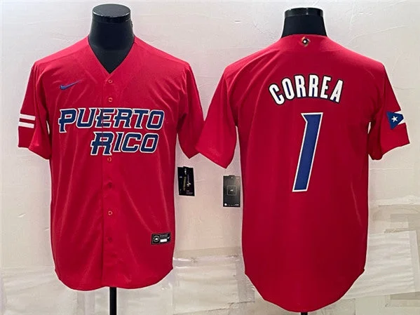 Baseball Jersey For Team Apparel-Men's Puerto Rico Baseball #1 Carlos Correa 2023 Red World Baseball Classic Stitched Jersey