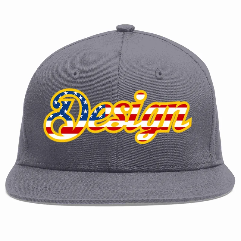 Baseball Cap For Workwear-Custom Dark Gray Vintage USA Flag-Gold Flat Eaves Sport Baseball Cap Design for Men/Women/Youth