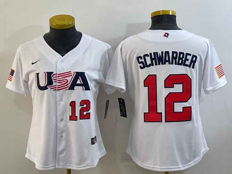 Baseball Jersey With Personalized Logos-USA 12 Kyle Schwarber White Women 2023 World Baseball Classic Jersey