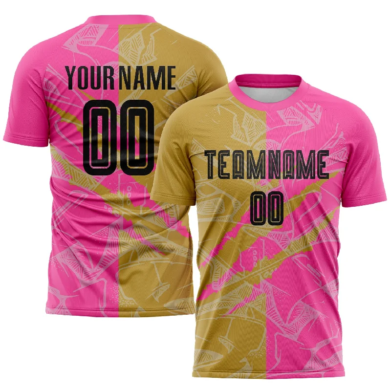 Football Jersey With Personalized Logos-Custom Graffiti Pattern Black Old Gold-Pink Scratch Sublimation Soccer Uniform Jersey