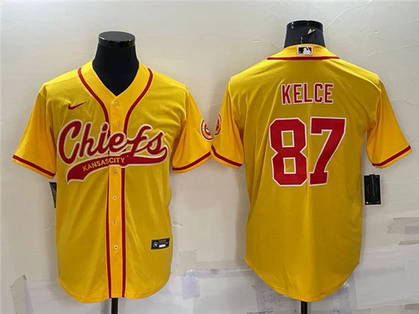 Baseball Jersey For Fastpitch Softball-Men's Kansas City Chiefs #87 Travis Kelce Gold With Patch Cool Base Stitched Baseball Jersey