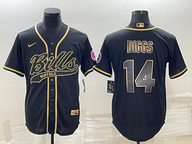 Baseball Jersey For Men-Men's Buffalo Bills #14 Stefon Diggs Black Gold With Patch Cool Base Stitched Baseball Jersey