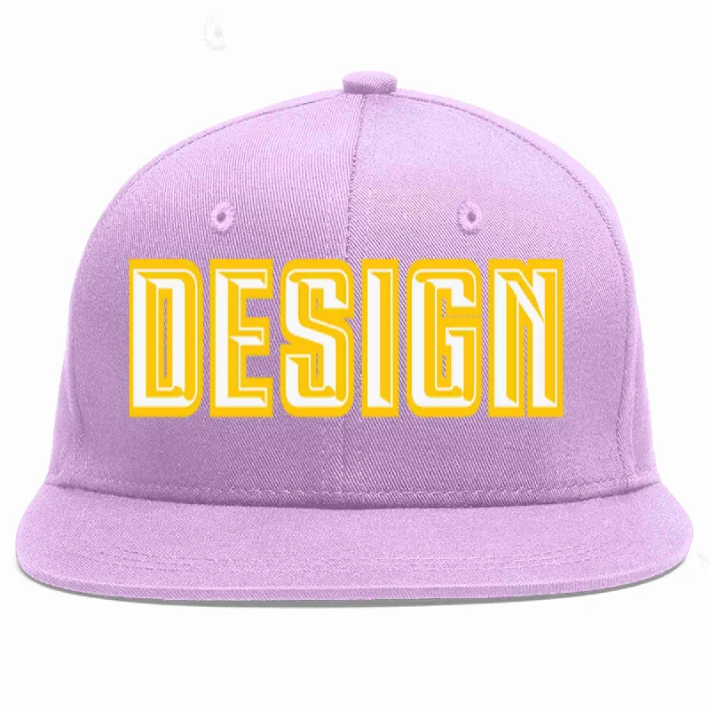 Baseball Cap With Team Logos-Custom Light Purple White-Gold Flat Eaves Sport Baseball Cap Design for Men/Women/Youth