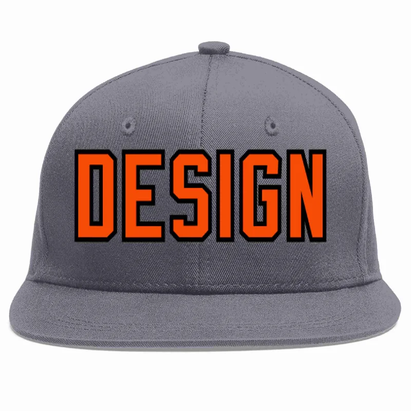 Baseball Cap With Fun Patches-Custom Dark Gray Orange-Black Flat Eaves Sport Baseball Cap Design for Men/Women/Youth