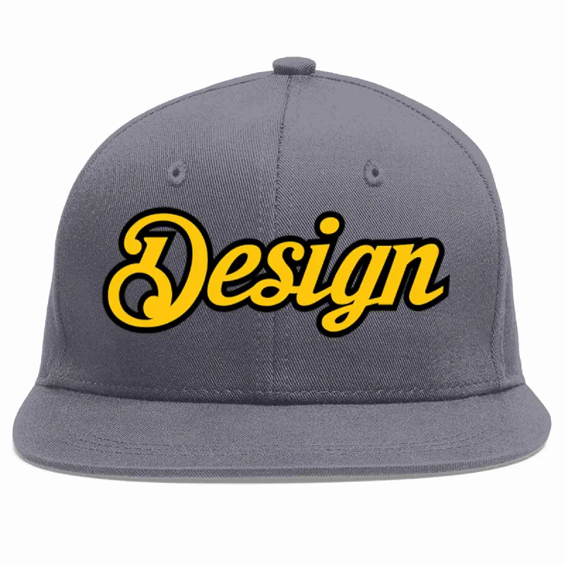 Baseball Cap For Team Merchandise-Custom Dark Gray Gold-Black Flat Eaves Sport Baseball Cap Design for Men/Women/Youth